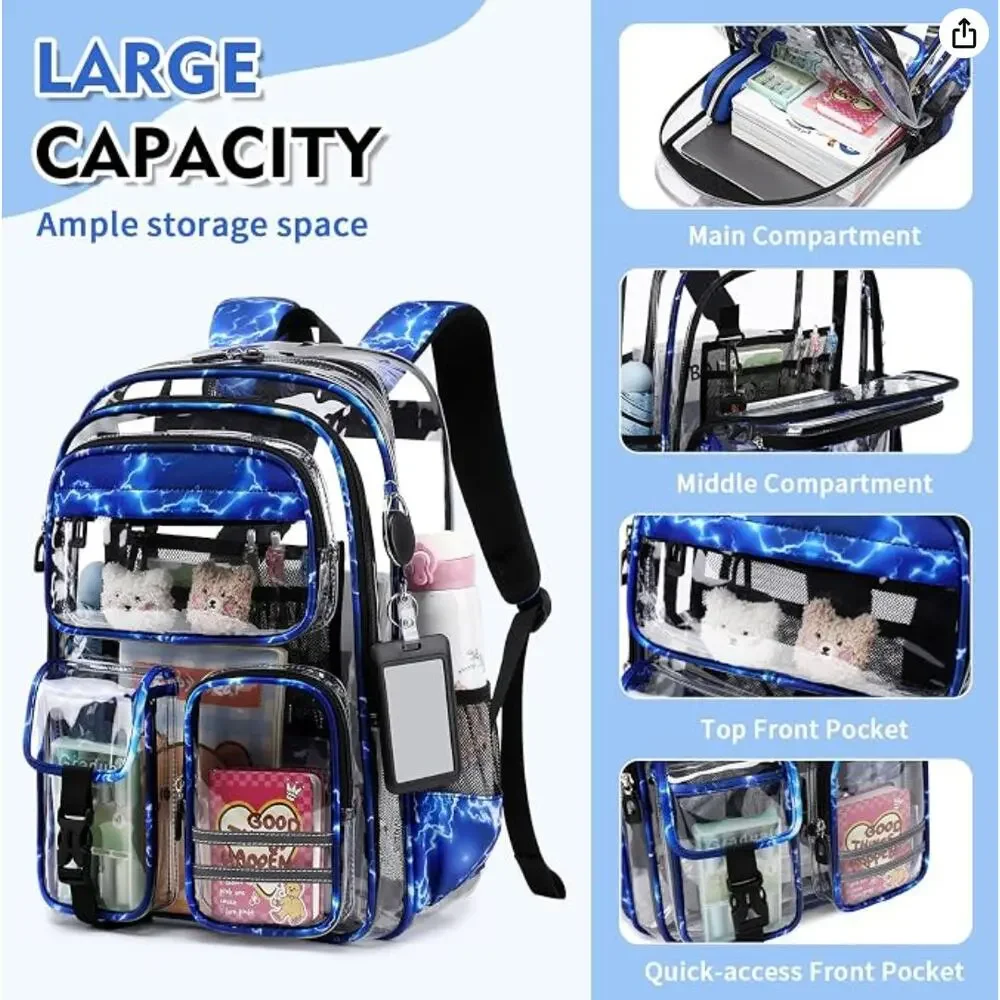 Heavy Duty Clear Transparent Backpack Stadium Bag School Bookbag- Blue Lightning